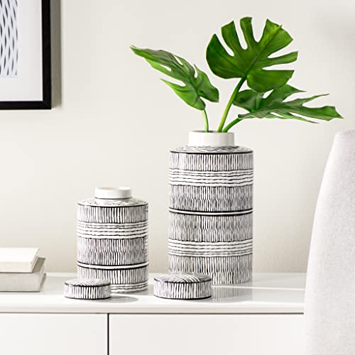 Torre & Tagus Takara Black And White Ginger Jar Vase With Lid - 8" Tall Modern Vase For Flowers As Room Decor - Classic Handmade Home Decor For Storage & Table Centerpiece Display With Lattice Artwork #TOP6