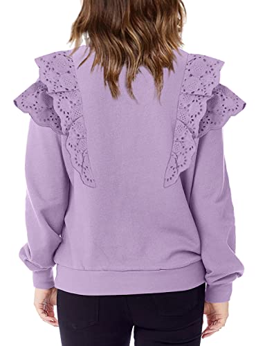 Apbondy Girls Hollow Ruffle Shoulder Long Puff Sleeve Sweatshirt Casual Kids Crewneck Cute Shirts Pullover Tops Purple L #TOP1