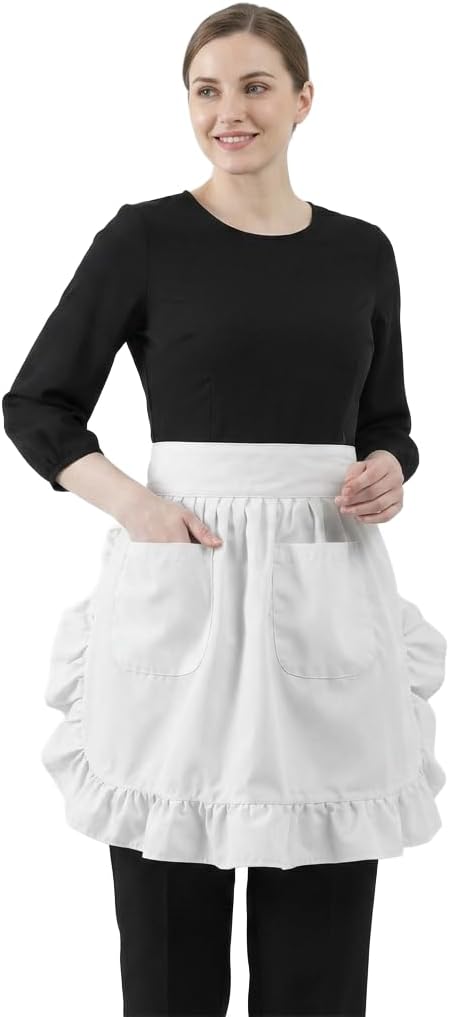 Waist Ruffle Adjustable Kitchen Cooking Restaurant Apron – Adult Women Cotton Retro Half Apron with Pockets – Loose Fit (White)