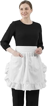 Hyzrz Waist Ruffle Adjustable Kitchen Cooking Restaurant Apron Adult Women Cotton Retro Half Apron with Pockets Loose Fit White