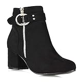 ESSEX GLAM Womens Ankle Boots Block Low Mid Heel Ladies Zip Buckle Strap Smart Booties Shoes Black Faux Suede