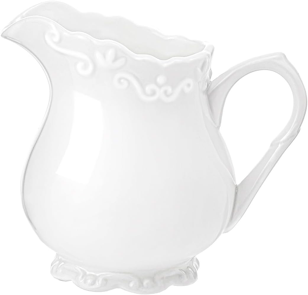 Vintage Pure White Ceramic Creamer with Handle, 6 Oz Coffee Milk Creamer Pitcher.