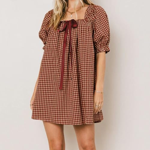 Image of Women Y2k Puff Sleeve Babydoll Dresses Square Neck Tie Back Mini Dress Summer Solid Off Shoulder Flowy Sundress