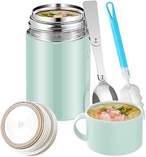 Waflyer Insulated Food Flask, 600ML Leakproof Food Container with Folding Spoon Stainless Steel Keep Hot & Cold Soup Flasks BPA Free Food Jar Coffee Mug for Travel, Picnic, School, Office (Green)