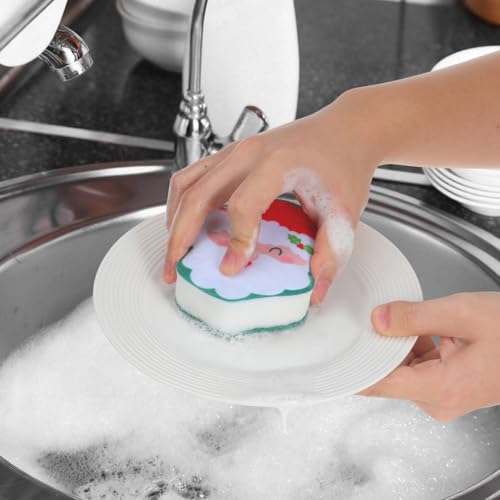 Image of 2Pcs Christmas Dish Sponges, Cute Santa Christmas Tree Household Cleaning Dishwasher Sponges, Dual Sided Non-Scratch Scouring Pad for Kitchen Dishes Pots Furniture