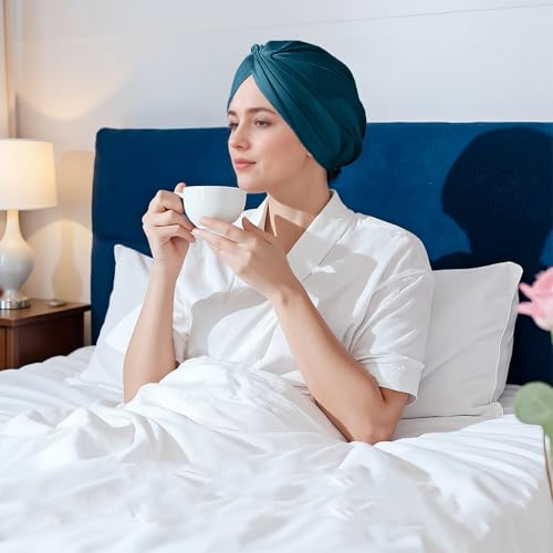 NEUJUS Seidenhaube zum Schlafen für gesunde Haare & lange Haare | Schlafhaube Seide verhindert Frizz, Haarbruch & Spliss | Silk Bonnet für Damen mit Locken & Haarhaube für die Nacht (Petrol)