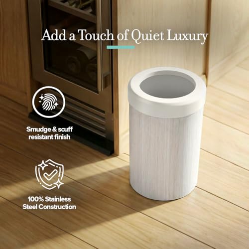 Image of Gatco Small Bathroom Trash Can with Lid, Round 3 Gallon Wastebasket, Under Sink, White Oak with Matte White, for Bathroom, Bedroom, Office (1932W)