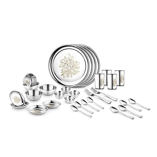 Jensons Stainless Steel Daisy Dinner Set -32 Pcs-Silver- Heavy Gauge with Permanent Laser Design