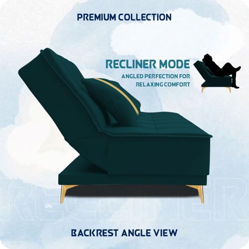 Image of Adorn India Premium New Alyssum 3 Seater Sofa Cum Bed 4X6 Velvet Suede with 2 Cushions (Color Ocean Blue) and Suitable for All Indoor, with 3 Years Warranty