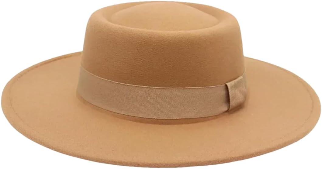 Women Fedora Hat Ribbon Banquet Bowler Hat Wool Jazz Men Felt Hats Wide Brim Dress Hat khaki9 FKuai 57-60cm