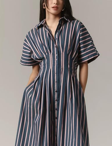 Image of Women Pleated Shirt Maxi Striped Button Down Dress Summer Lapel V Neck Short Sleeve Empire Waist Navy Long Dress