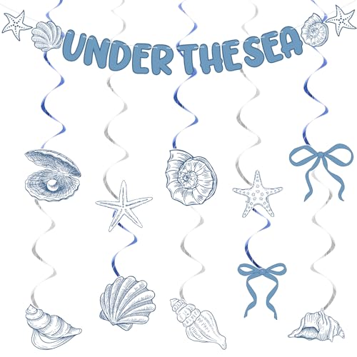 Image of Yunlly Coastal Christmas Decor Blue Bow Starfish and Seashell Garland Hanging Swirls Under The Sea Birthday Party Decorations Coquette Beach Banner for Christmas Bachelorette Wedding Party Favors