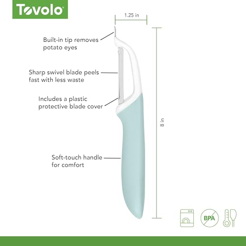 Image of Tovolo Vegetable Peeler with Ultra Sharp Stainless Steel Swivel Blade Non Slip Handle, Multi Functional Dishwasher Safe Kitchen Wide Ribbon Potato Peeler for Fruit Veggies Carrots Apples, Blue Haze