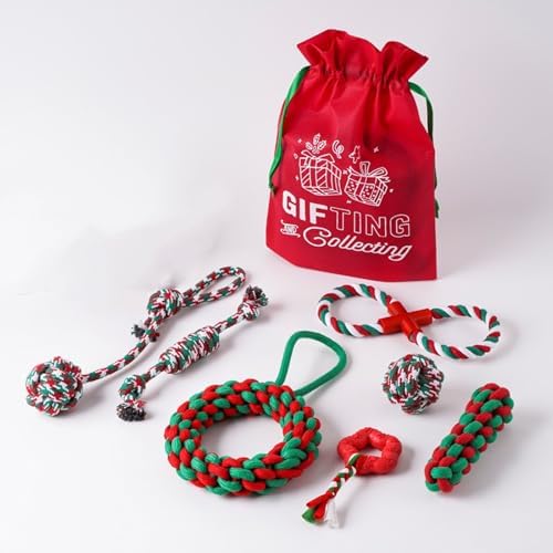 Christmas Toys Dog Rope Knot Chew Toys for Grind Teeth Relieve Anxiety 7 -12Pcs Holiday Chew & Dental Toys Set with Gift Bag, Durable Braided Cotton Rope for Teething, Boredom, and Play (7 Pcs)
