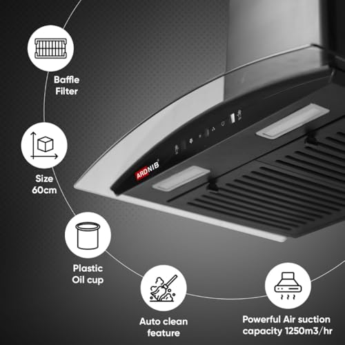 Image of 60 cm 1250 m /hr Wall Mounted Kitchen Chimney (SLEEK PLUS BK 60, Touch Control, Baffle Filter, Black) - 7 Years Motor Warranty | Proudly Made in India (Baffle Filter)