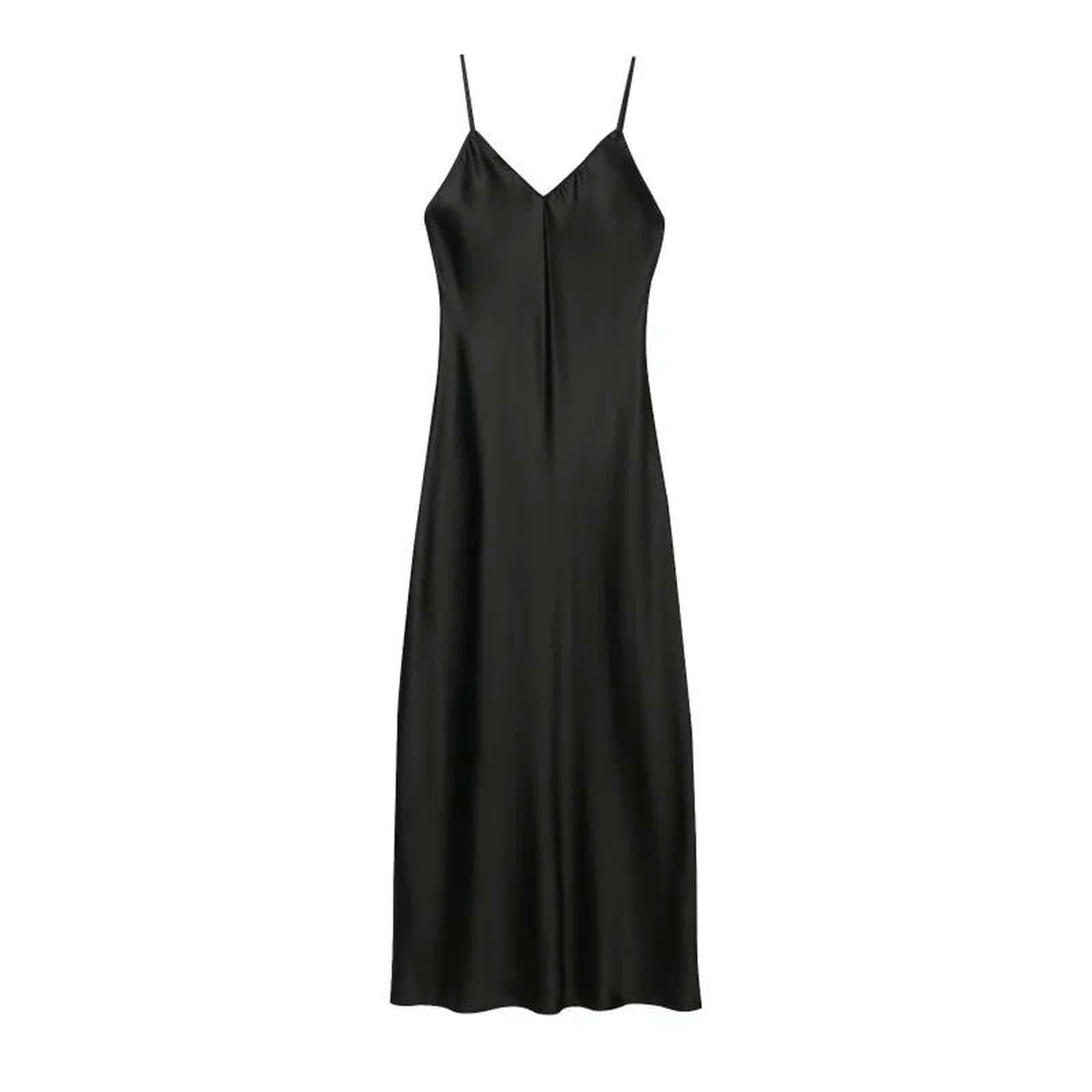 Abito Donna Invernale Primavera Elegante Moda Seta Raso Texture Sexy Retroless Party Slip Dress-Nero-s