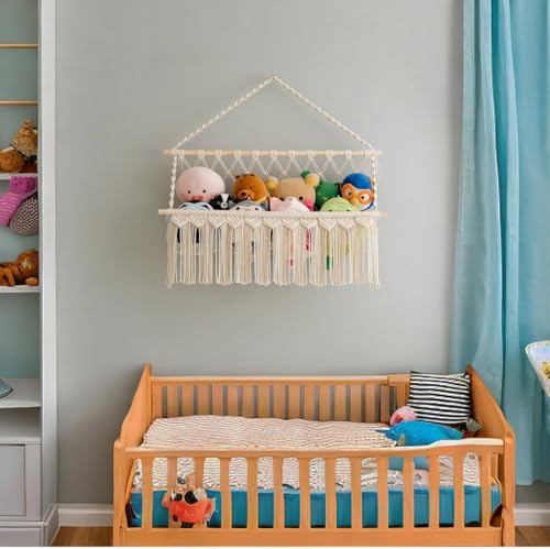 Image of Decazone Macrame Toy Hammock Organizer for Stuffed Animals | Handmade Cotton Rope Storage Net | Boho Wall Hanging Nursery Organizer | Corner Mesh Hammock for Kids Room & Home Decor (1 Tier)
