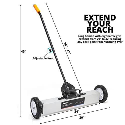 NEIKO 53416A 24” Rolling Magnetic Sweeper with Wheels, 50 Pound Capacity, Adjustable Handle & Floor Magnet Clearance Height, Metal Pick Up and Nail Magnet, Floor Sweeper for Construction, Shop, Etc. by NEIKO - Image 2