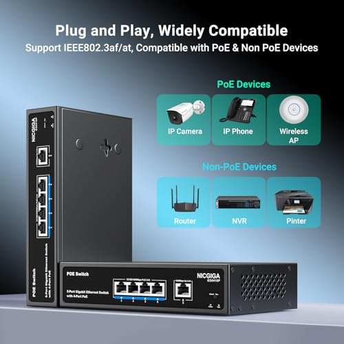 Image of 4 Port Gigabit PoE Switch Unmanaged with 4 Port IEEE802.3af /at PoE @78W, 1 x 1000Mbps Uplink, NICGIGA 5 Port Network Power Over Ethernet Switch, VLAN Mode, Desktop /Wall-Mount.