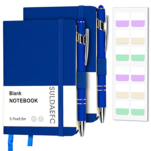 SULDAEFC 2 Pack Pocket Notebook/Notepad with 2 Black Pens, 3.7”x5.5”, Small Hardcover Blank Journals with Pen Holder and Inner Pockets - Blue