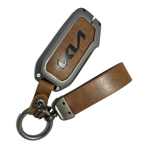 Image of Zinc Metal Alloy Leather Car Key Cover & Case Brown with Keychain & Holder Compatible for KIA Seltos, Sonet, Carens (3 Button Flip Key)