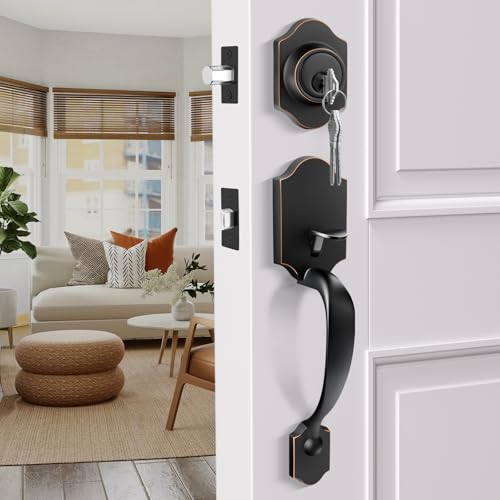 Image of Haidms Oil-Rubbed Bronze Front Door Handle and Deadbolt Set, Front Door Lock Set, Entry Door Locksets with Deadbolt Single Cylinder, Exterior Door Handle with Reversible Handle Lever