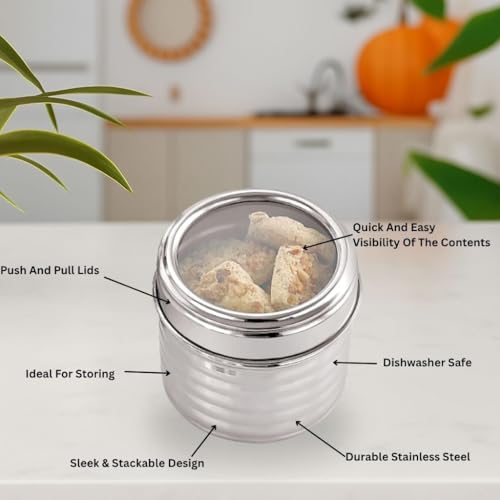 Image of Sizzle Roxy Stainless Steel Container Set with See Through Lid, Multipurpose Kitchen Storage Dabba for Spices,Coffee, Snacks, Dry Fruits | Leak-Proof Food Storage Organizer |600ML - 2 pcs