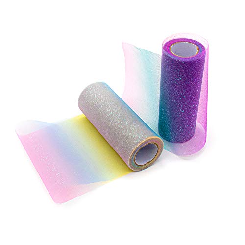 AUEAR, 2 Pack Rainbow Glitter Tulle Netting Rolls for Table Runner Chair Sash Bow Wedding Unicorn Party Pet Tutu Skirt Sewing Crafting Fabric Birthday Gift Ribbon (6 Inch x 10 Yard)