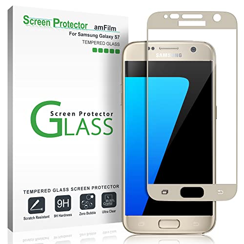 amFilm Glass Screen Protector for Galaxy S7, Tempered Glass, Dot Matrix, 3D Curved, with Gold Border