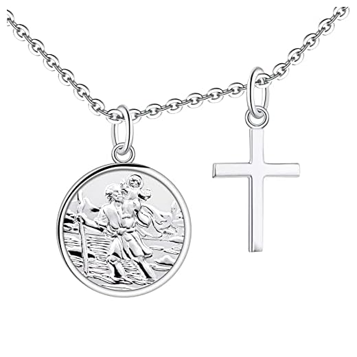 FJ St. Christopher halsband 925 sterling silver, antiqued religiöst skydd Talisman hänge, för kvinnor barn e sterlingsilver, colore: Saint Christopher Tiny Coin Pendant & Cross Necklace, cod. HP55300A