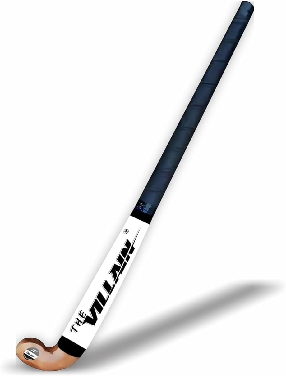 THE VILLAIN Solid Wooden Hockey Stick for Women and Men Practice and Beginner Level (L-37 Inch) Multicolor Soft Rubber Grip (Pack of 1)