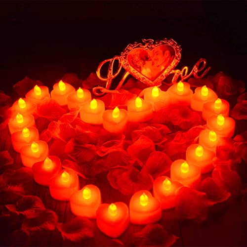 Homeleo 24Pcs Red Heart Shaped Flameless Candles Lights,Romantic Led Tealight Candle With 200Pcs Artificial Flower Rose Petals For Valentines Day Decor Wedding Bedroom Decorations Table Centerpieces #TOP3