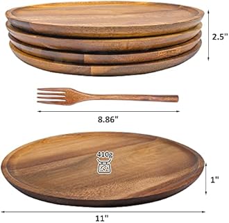 Originalidad Wooden Plates, Wood Dinner Plates with Forks, Reusable Handmade Natural Wood Flatware Set for Cooking, Eating, Housewarming(Set of 4, Large 11" x 11")