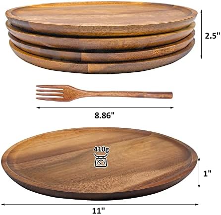 Wooden Plates, Wood Dinner Plates with Forks, Reusable Handmade Natural Wood Flatware Set for Cooking, Eating, Housewarming(Set of 4, Large 11" x 11")