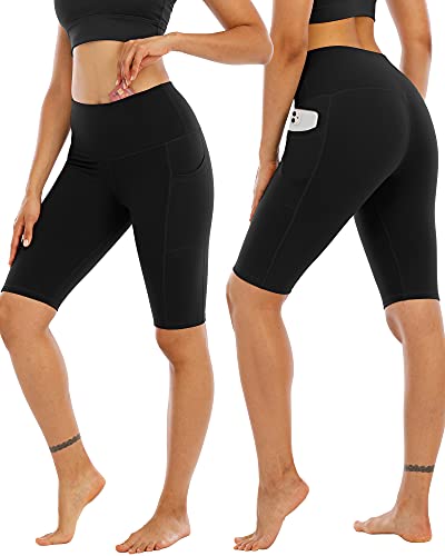 Whouare 4 Pack Biker Yoga Shorts With Pockets For Women,High Waisted Athletic Running Workout Gym Shorts Tummy Control,Black,Black,Black,Black,L #TOP1