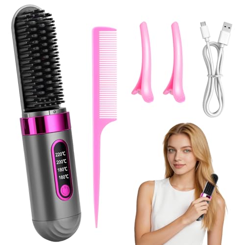 Brosse Lissante Sans Fil, Chauffage Céramique MCH Fer à Lisser 160-200℃ 4 Réglages De Température, Soin Capillaire Aux Ions Négatifs, Rechargeable par...