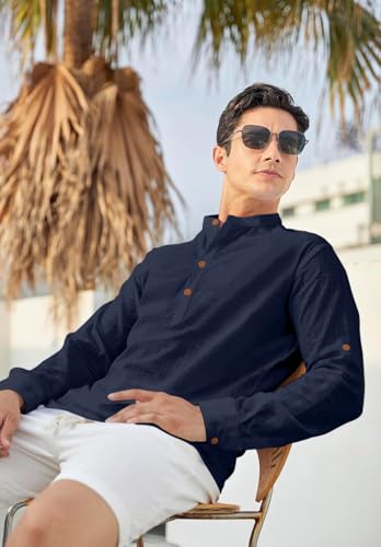 Image of Zombom Men's Solid Cotton Polyester Blend Straight Kurta Shirt, Regular Fit Full Sleeve Short Kurta Shirt