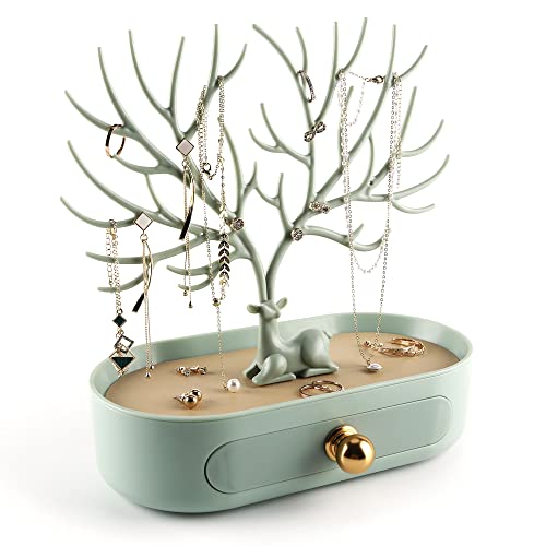 MORE&LESS Antlers Jewelry Display Stand with Aluminium alloy handle, Tree Tower Rack Hanging Organizer for Ring Earrings Necklace Bracelet, Deer Horn Tree Stand with Storage Drawer and Tray