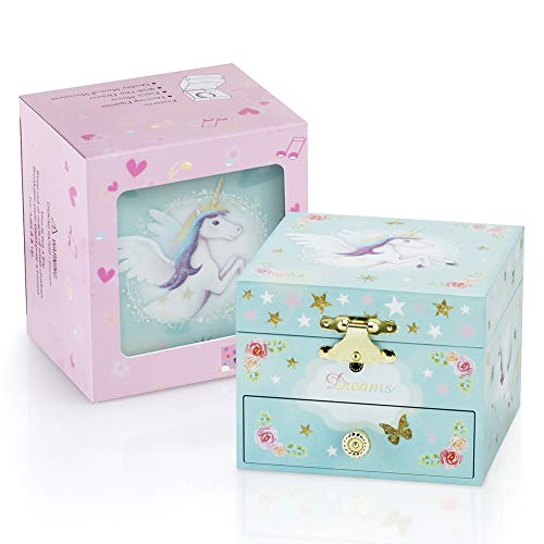 Rr Round Rich Design Kids Musical Jewelry Box For Girls With Drawer And Jewelry Set With Magical Unicorn - Blue Danube Tune Blue #TOP5