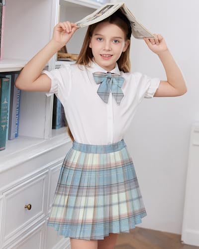 Image of Betusline Girls Skirt Set JK School Uniform 2-Piece Outfit - Short Sleeve Shirt with Bow & Pleated Skirt 4T-14Y