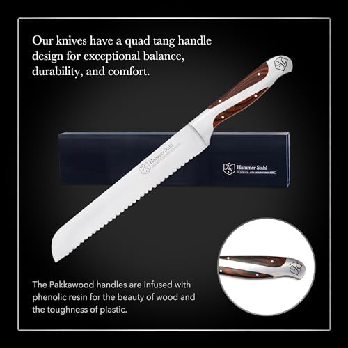 Hammer Stahl 8 Inch Serrated Bread Knife | High Carbon German Steel | Ergonomic Quad-Tang Pakkawood Handle | Scallop Edge Designed for Bread - Thumbnail 2