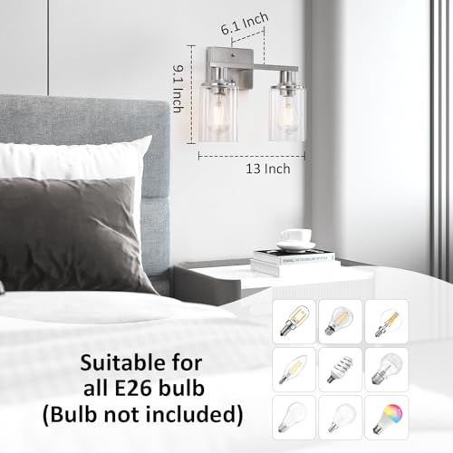 Image of Brushed Nickel Bathroom Light Fixtures Over Mirror,2-Light Bathroom Vanity Light with Clear Glass Shade,Modern Farmhouse Wall Sconces Lighting for Mirror Kitchen Living Room Cabinet