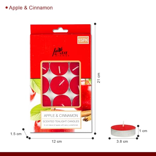 Pan Aromas - (Apple & Cinnamon) Scented Tealight Candles| Pack of 15| Long Burning Tealight Scented Candles for Home, Office & Gifting - 2.5 hrs to 3 hrs Burn Time