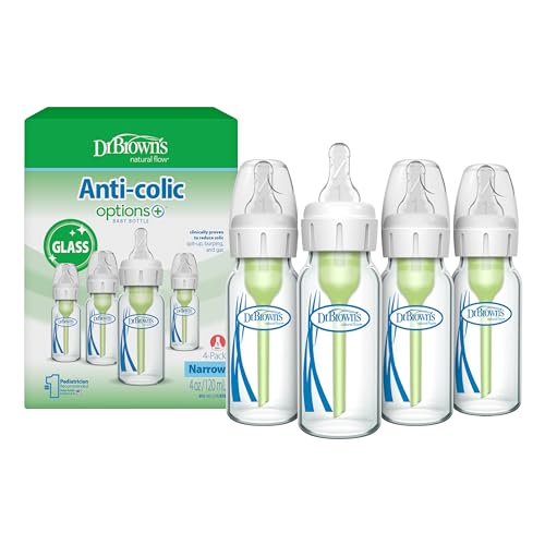 Dr. Brown's Anti-Colic Options+ Narrow Glass Baby Bottle with Level 1 Slow Flow Nipple, BPA-Free, 4 oz/120mL, 4-Pack