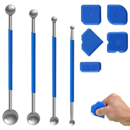herramientas de alisado de sellador 9 piezas, kit de acabado de juntas para azulejos, rascador de silicona y tirador de bola doble metálica para baño y cocina, multiforma, fácil de usar