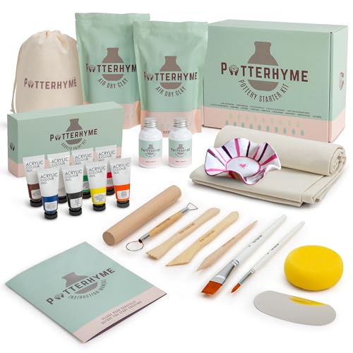 Pottery Starter Kit for Adults with Air Dry Clay Complete Deluxe Home Sculpting & Making Set with Tools 8 Paint Colors & Varnish - DIY Home Ceramics for Beginners Date Night Activities Gifts