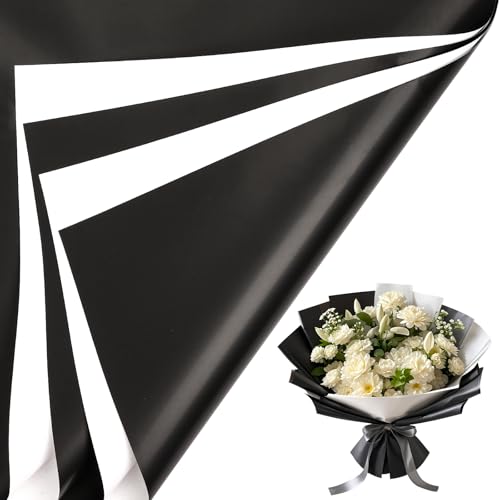 LeZakaa 20 Sheets Flower Wrapping Paper - Waterproof Reversible Floral Bouquet Paper - Black and White Design for Graduations, Parties, Birthdays, Formal Events