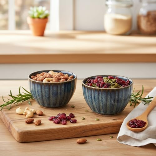 Image of Beyond Homes Ceramic Serving Bowl Set of 2, 200 ml | Glossy Finish Microwave Safe Stoneware Kharbuja, Melon Bowls for Kitchen, Ceramic Dinnerware Katori for Dal, Desserts & Snacks | Blue Brown