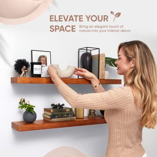 Homeforia Rustic Farmhouse Floating Shelves - Bathroom Wooden Shelves For Wall Mounted - Thick Industrial Kitchen Wood Shelf - 36 X 6.5 X 1.75 Inch - Set Of 2 - Honey Oak Color #TOP1