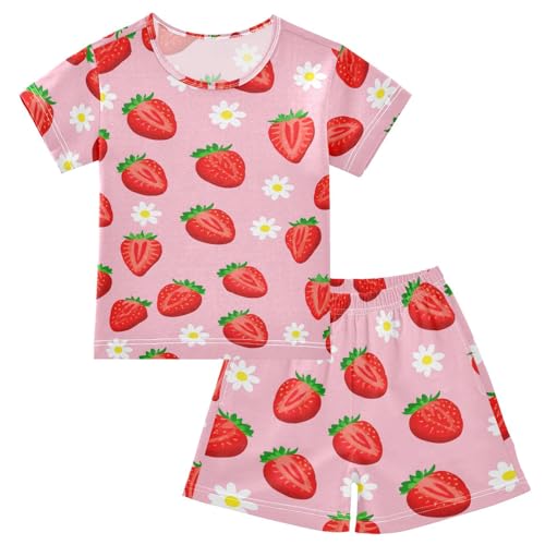 Strawberry Flower Pale Pajama Set Short Sleeve Pajamas Shorts Sets Cotton PJS 2 Piece Clothes Set 5Y